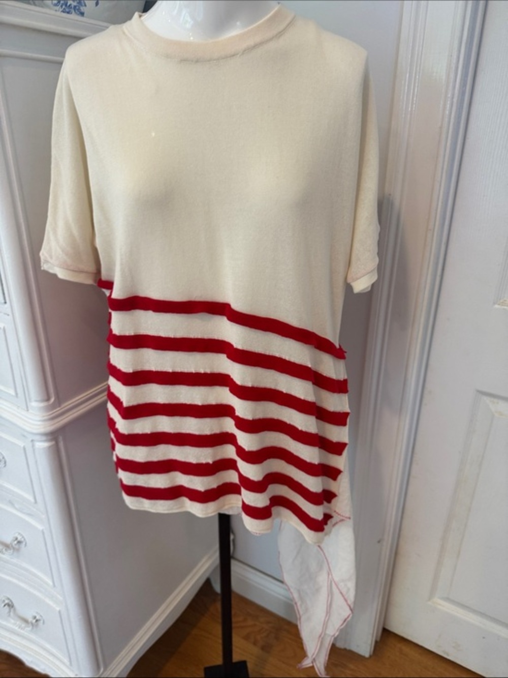 NEW WIDTH TAGSCream and Red Striped Women's Short Sleeve Topwith long draped sid